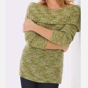 Chico's Dorothy Sequin Shine Sweater Green Off The Shoulder size 1 US M